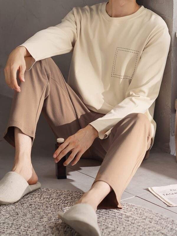 Men's Cotton Sleepwear Set - Casual Crew Neck Long Sleeve Pajama with Pockets - Geometric Pattern Knit Fabric Lounge Set for Spring/Fall - 100% Cotton Comfortable PJ Set with Slight Stretch - Image 4