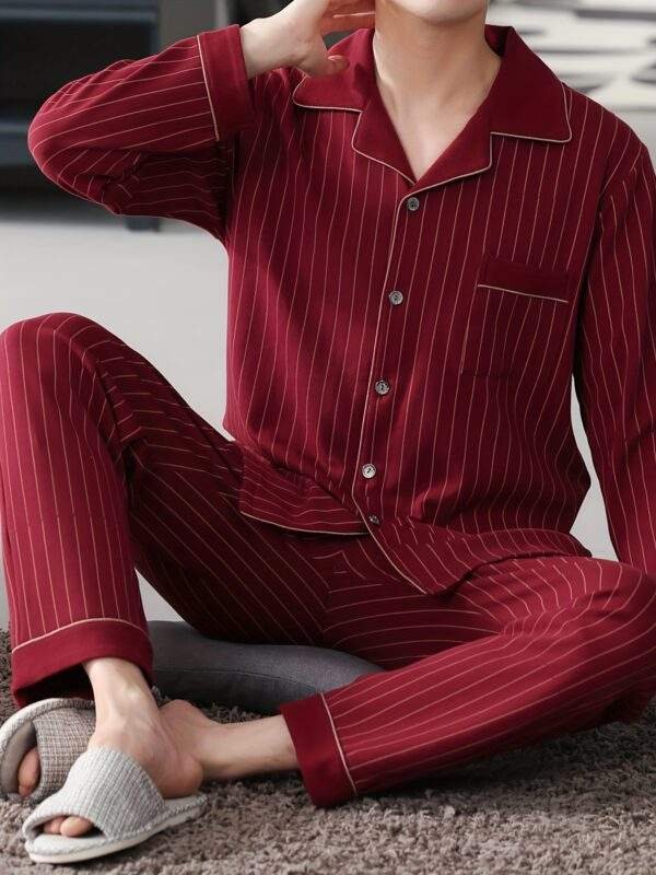 100% Cotton Men'S Pajama Set - Casual Lapel Collar Long Sleeve Sleepwear with Pockets, Striped Slight Stretch Knit Fabric, Loose Fit Lounge Sets for Spring/Fall - Image 4