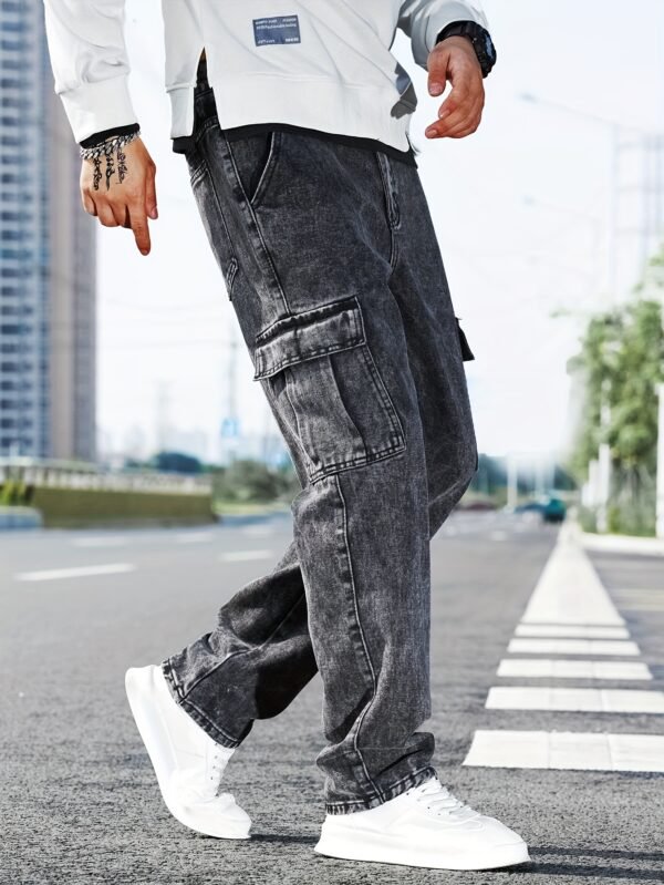Men's Casual Cargo Denim Jeans – Mid-Rise, Multiple Pockets, Medium Stretch, Straight Leg, All-Season - Image 3