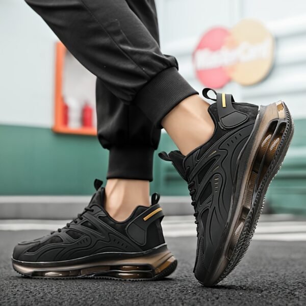 Men's Breathable High-Elasticity Shock-Absorbing Casual Sneakers - Lightweight Low-Top Outdoor Running Shoes with Cushioned EVA Sole, Durable PU Upper & Fabric Lining for Hiking, Daily Wear (Black/Golden Accents) - Image 7