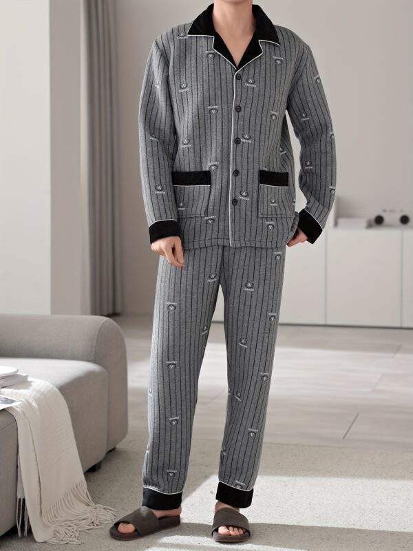 Men'S Casual Cotton Pajama Set with Lapel Collar, Geometric-Pattern, Long Sleeve, Loose Fit, Slight Stretch, Knit Fabric, Winter Warm Thickened, Triple-Layer Cotton Lined Sleepwear with Pockets - Image 5