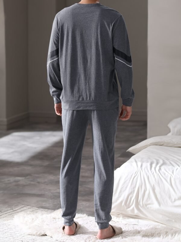 DOLAMI Men's Casual Cotton Pajama Set - 100% Cotton Crew Neck Long Sleeve Sleepwear with Pockets, Alphabets Pattern, Knit Fabric, Slight Stretch, Regular Fit Lounge Set for Spring/Fall - Image 2