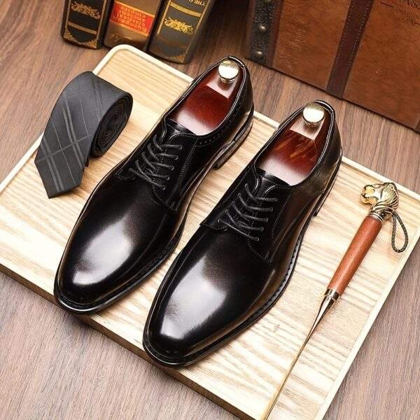 Men’s Solid Cowhide Derby Shoes – Plain Toe Lace-Up Dress Shoes with Non-Slip Sole - Image 10