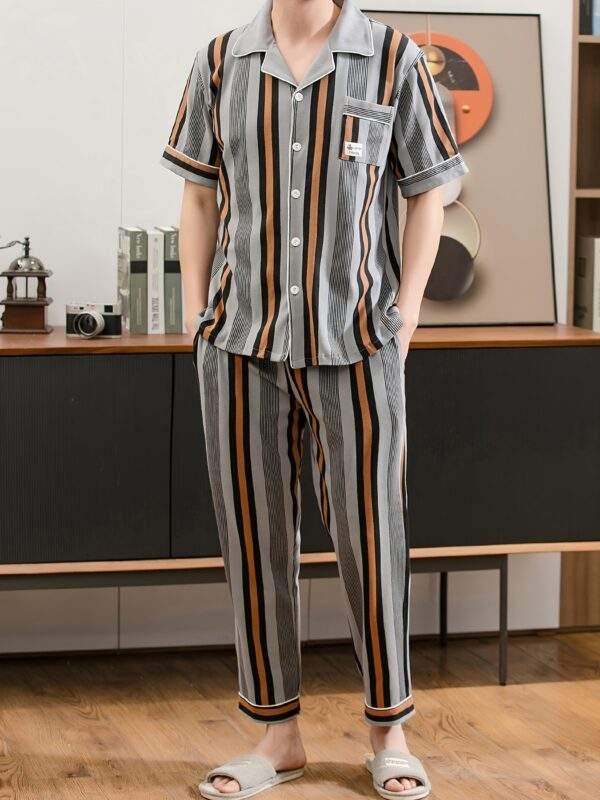Men's Cotton Pajama Set - Striped Short Sleeve & Long Pants, Lightweight Summer Sleepwear with Lapel Collar and Pockets - Image 5