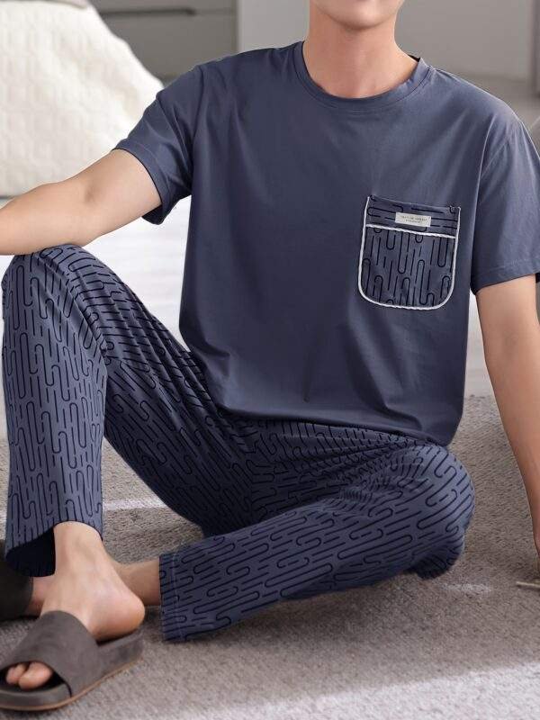 Easy Care, Men's Summer Cotton Pajama Set - Casual Short Sleeve & Long Pants, Breathable Lightweight Sleepwear with Pockets - Image 2