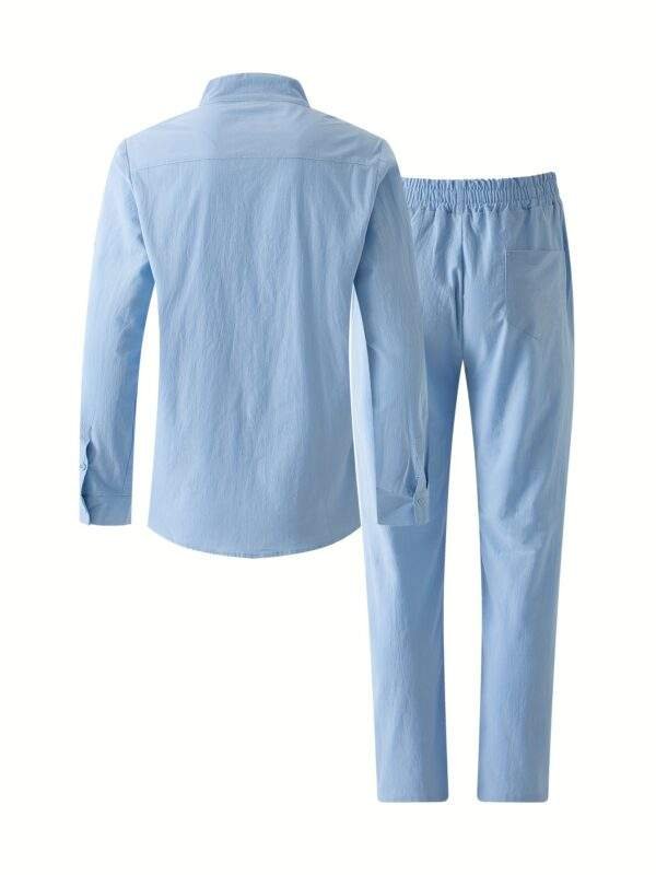 Men'S 2pcs Cotton Sweatsuit Set Casual Henley Long Sleeve Shirt and Beach Trousers with Pockets Yoga Outfit Solid Color Non-Stretch Woven Fabric Spring/Fall Button Details Regular Fit - Image 8