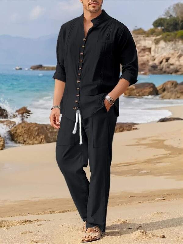 Spring and Autumn Men's Cotton Cuban Style Casual Suit, Fashionable Beach Two-Piece Set - Image 3