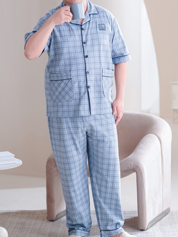 Plus Size Men's 100% Cotton Lapel Cardigan Short Sleeve Long Pants Loungewear, Soft Comfortable Breathable Home Wear, Fits Up to 154.22 KG, PLUS SIZE - Image 2
