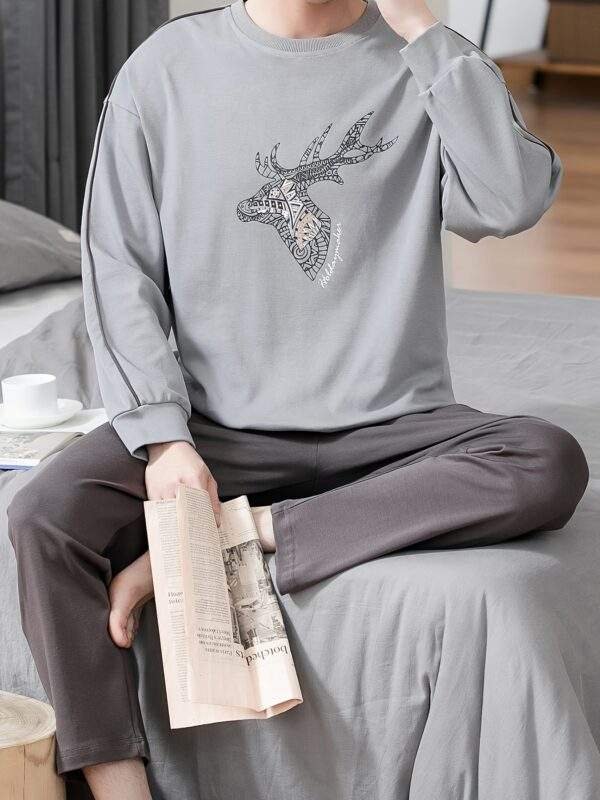 Men's 100% Cotton Sleepwear Set - Casual Spring/Fall Pajama Sets with Crew Neck, Long Sleeve, Pocket Detail, Loose Fit Knit Fabric - Comfy Solid Color Loungewear - Image 2