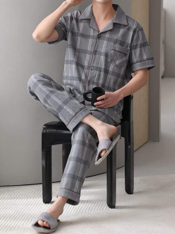 Men's Cotton Pajama Set - Lightweight, Breathable Summer Sleepwear with Short Sleeve Button-Up Top & Long Pants, Plus Size Available - Image 4