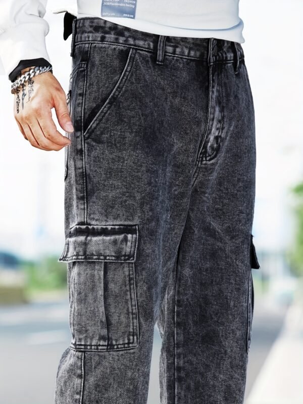 Men's Casual Cargo Denim Jeans – Mid-Rise, Multiple Pockets, Medium Stretch, Straight Leg, All-Season - Image 4