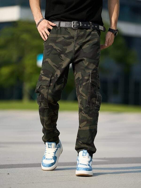 Men’s Plus Size Camo Cargo Jeans – Stretch Slim Fit Denim with Pockets, Olive Green, Casual Style for Spring/Summer/Fall, Skinny Fit, PLUS SIZE