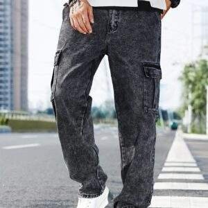 Men's Casual Cargo Denim Jeans – Mid-Rise, Multiple Pockets, Medium Stretch, Straight Leg, All-Season
