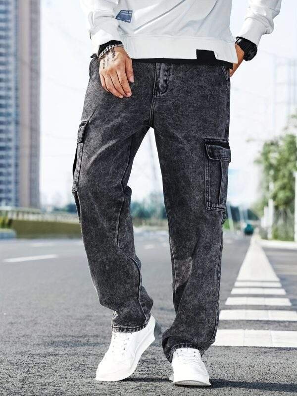 Men's Casual Cargo Denim Jeans – Mid-Rise, Multiple Pockets, Medium Stretch, Straight Leg, All-Season