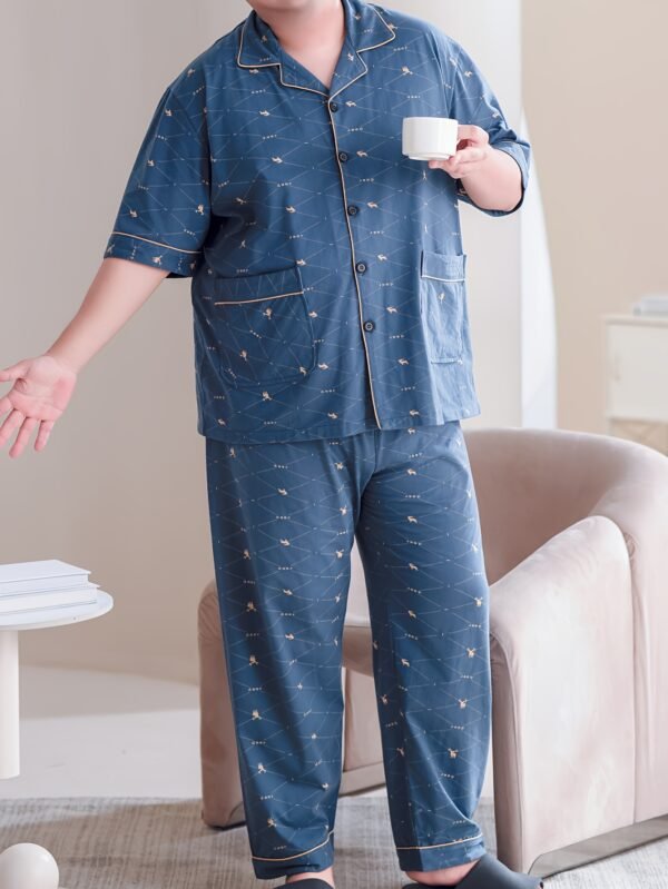 Plus Size Men's 100% Cotton Lapel Cardigan Short Sleeve Long Pants Loungewear, Soft Comfortable Breathable Home Wear, Fits Up to 154.22 KG, PLUS SIZE - Image 2