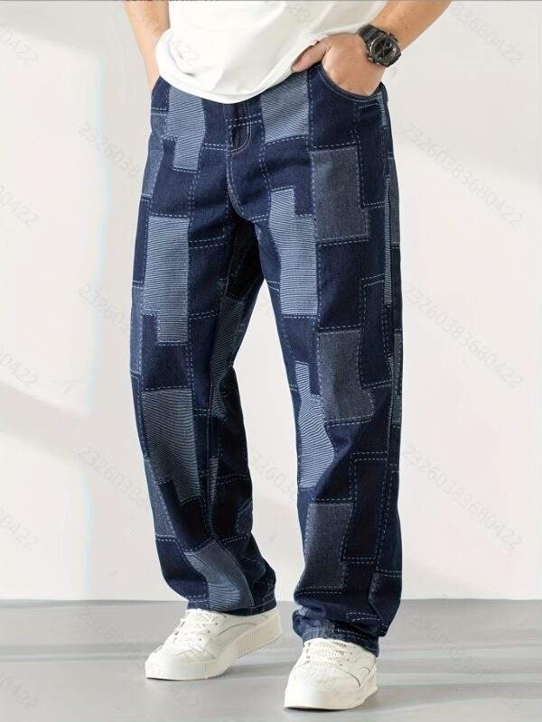Men’s Plus Size Geometric Denim Jeans – Casual Straight-Leg, Button Closure, Pockets, Non-Stretch Fabric for Golf & Everyday Wear (Spring-Summer-Fall) - Image 8