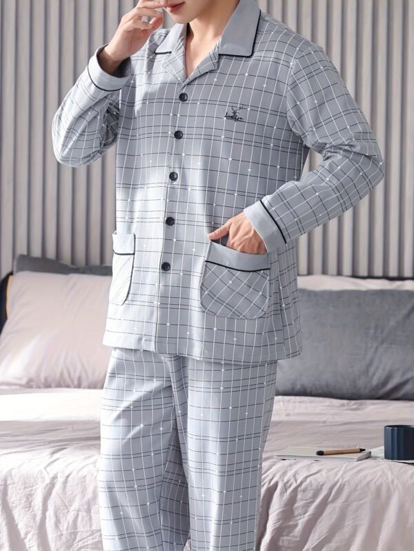 Men's 100% Cotton Pajama Set with Geometric Pattern, Casual Style, Long Sleeve, Knit Fabric, Comfortable Breathable, with Pockets, Spring/Summer/Autumn Collection - Image 2