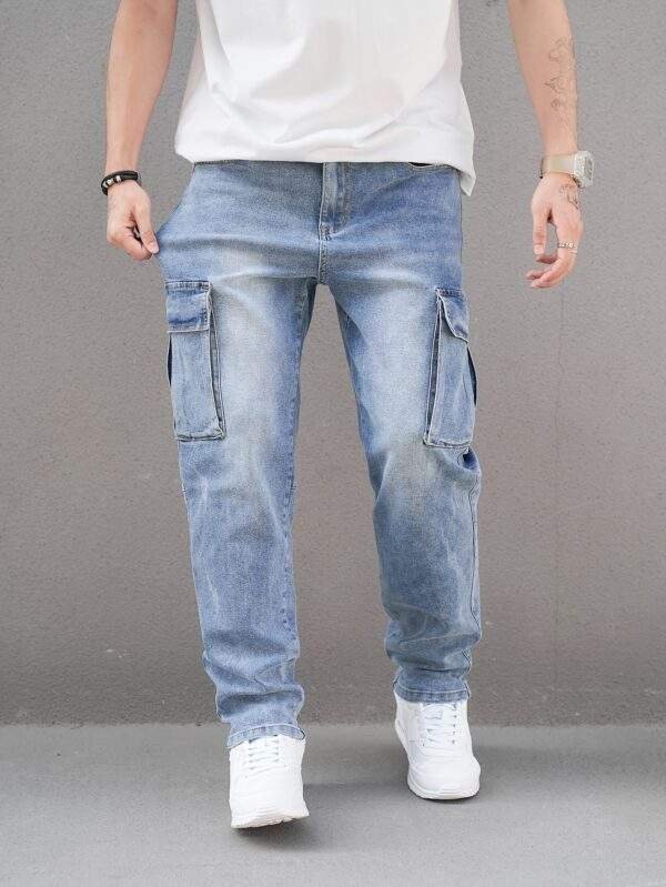 Men’s Plus Size Cargo Jeans – Stretch Denim, Slim Fit, Washed Blue, Pockets, Fall/Winter Casual Wear - Image 4