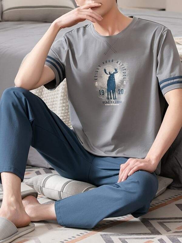 Summer Men's Pajamas Pure Cotton Short Sleeve Long Pants Slim Fit Plus Size Youth Loose Home Wear Set - Image 2