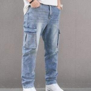 Men’s Plus Size Cargo Jeans – Stretch Denim, Slim Fit, Washed Blue, Pockets, Fall/Winter Casual Wear
