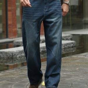 Men’s Plus Size Loose Fit Straight Leg Jeans – Washed Deep Blue Denim, Casual Non-Stretch Fabric, Spring/Fall Relaxed Fit Pants