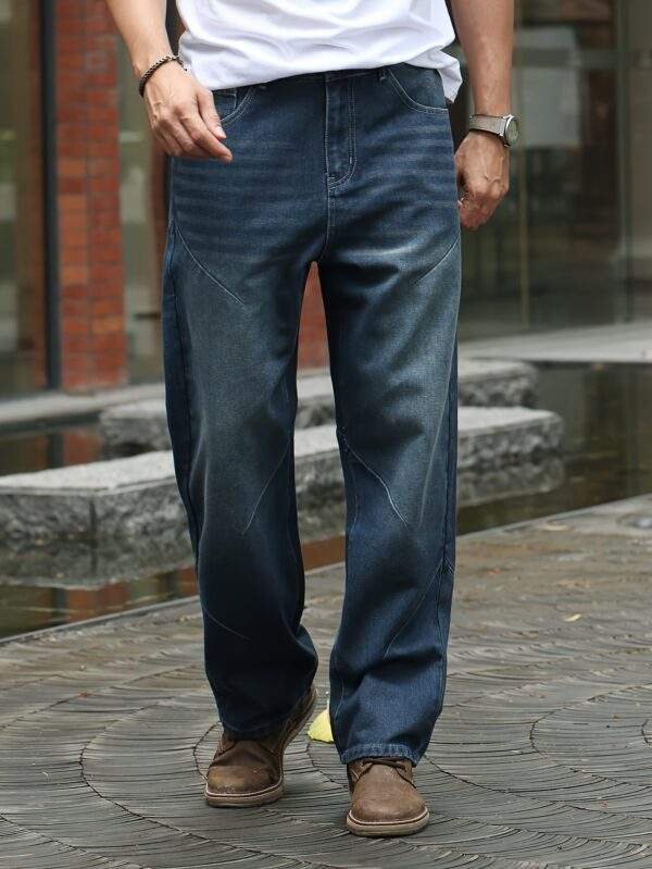 Men’s Plus Size Loose Fit Straight Leg Jeans – Washed Deep Blue Denim, Casual Non-Stretch Fabric, Spring/Fall Relaxed Fit Pants