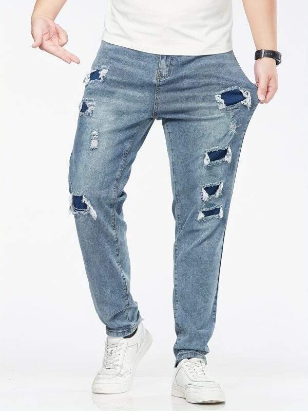 Men’s Plus Size Skinny Denim Jeans – Casual Fit with Pockets, Ripped Design, Medium Stretch Fabric, All-Season Solid Color - Image 3