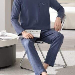 1set Men'S Casual Cotton Pajama Set, Long Sleeve Round Neck Sleepwear with Pockets, Loose Fit Knitted Pullover for Spring/Autumn - Comfortable Thin Cotton Outfit