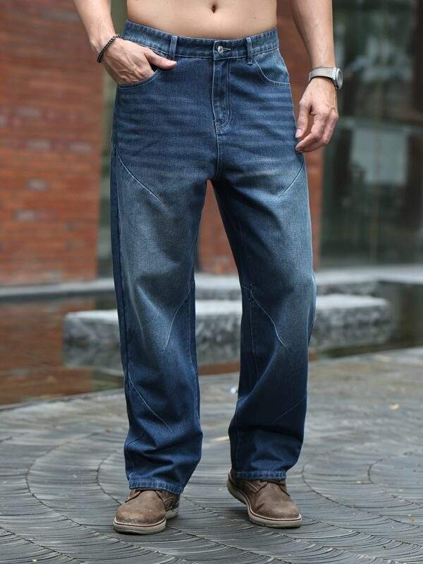Men’s Plus Size Loose Fit Straight Leg Jeans – Washed Deep Blue Denim, Casual Non-Stretch Fabric, Spring/Fall Relaxed Fit Pants - Image 7