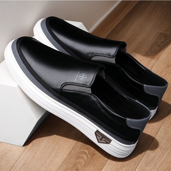 Men's Casual Slip-On Loafers - Soft Leather Upper, Comfortable & Durable, Non-Slip Rubber Sole, White with Brown Accents, Full Size Range for Casual Attire, Street Style, and Commuting, Commuting Loafers | Minimalist Loafers | Durable Construction - Image 4