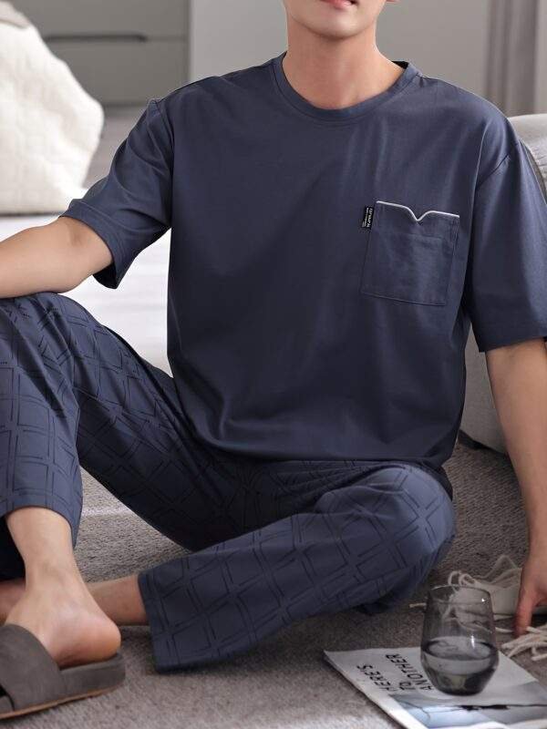 Men'S Summer Cotton Pajama Set, Casual Crew Neck Short Sleeve Long Pants with Pocket, Knit Fabric, Regular Fit, Slight Stretch, Solid Color, No Belt, Home Wear - Large Size - Image 4