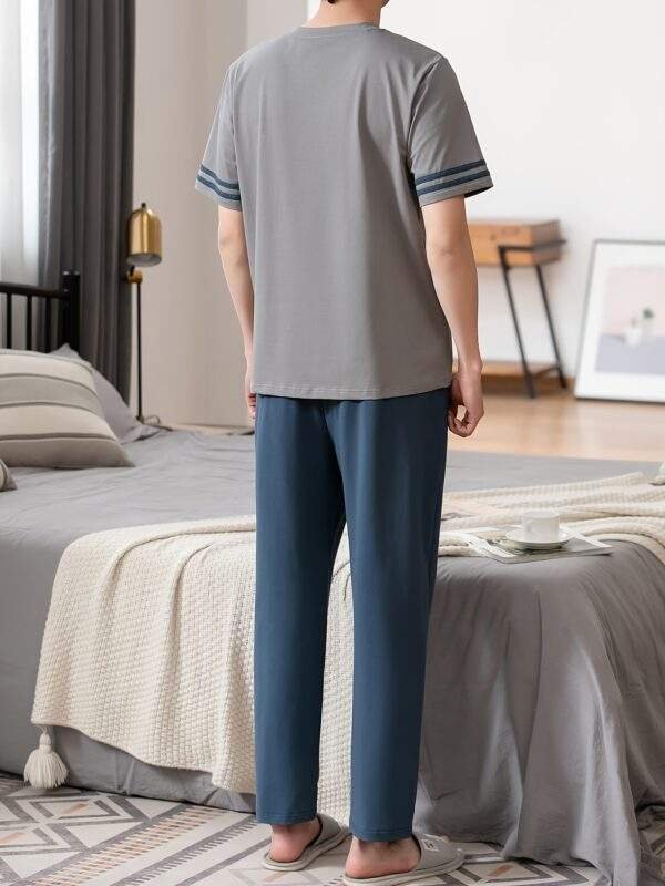 Summer Men's Pajamas Pure Cotton Short Sleeve Long Pants Slim Fit Plus Size Youth Loose Home Wear Set - Image 6