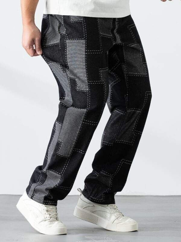 Men’s Plus Size Casual Checkered Straight-Leg Denim Pants – Loose Fit, Geometric Pattern, All-Season Blend - Image 10