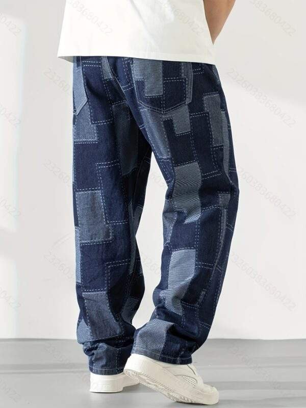 Men’s Plus Size Geometric Denim Jeans – Casual Straight-Leg, Button Closure, Pockets, Non-Stretch Fabric for Golf & Everyday Wear (Spring-Summer-Fall) - Image 9