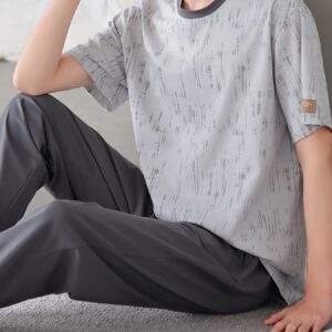 Men'S Casual Summer Cotton Pajama Set - Short Sleeve, Long Pants, Crew Neck, Loose Fit, Geometric Pattern, Breathable Fabric, Ideal for Home Wear, Casual Summer Wear|Geometric Pattern Pajama|Breathable Fabric