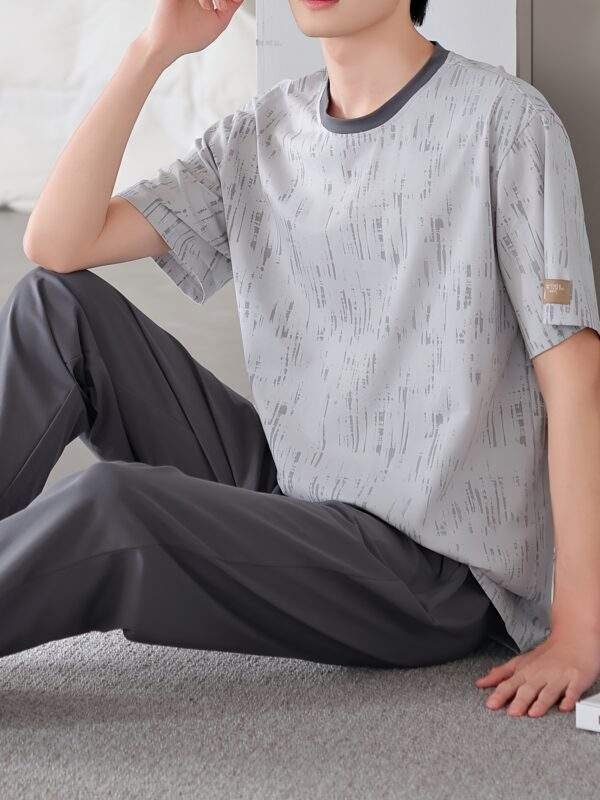 Men'S Casual Summer Cotton Pajama Set - Short Sleeve, Long Pants, Crew Neck, Loose Fit, Geometric Pattern, Breathable Fabric, Ideal for Home Wear, Casual Summer Wear|Geometric Pattern Pajama|Breathable Fabric