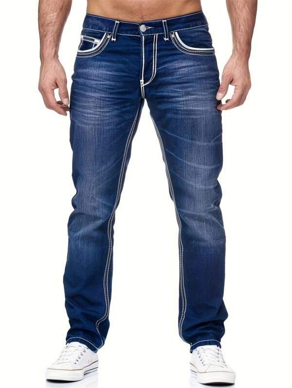 Men’s Slim-Fit Embroidered Pocket Jeans – Dark Blue Stretch Denim with White Stitching, Casual, Machine Washable, All-Season Versatile - Image 3
