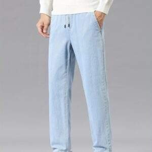 Men's Casual Washed Denim Jeans – Mid Waist Drawstring, Straight Leg, Non-Stretch, Regular Fit, Spring/Fall, 9/10 Length