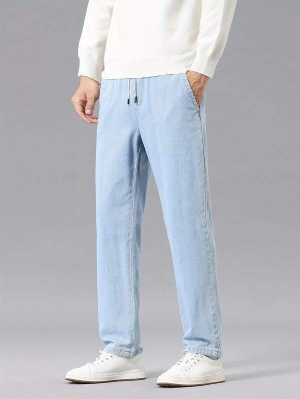 Men's Casual Washed Denim Jeans – Mid Waist Drawstring, Straight Leg, Non-Stretch, Regular Fit, Spring/Fall, 9/10 Length