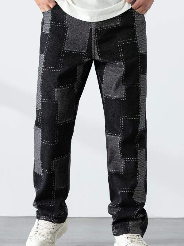 Men’s Plus Size Casual Checkered Straight-Leg Denim Pants – Loose Fit, Geometric Pattern, All-Season Blend - Image 2