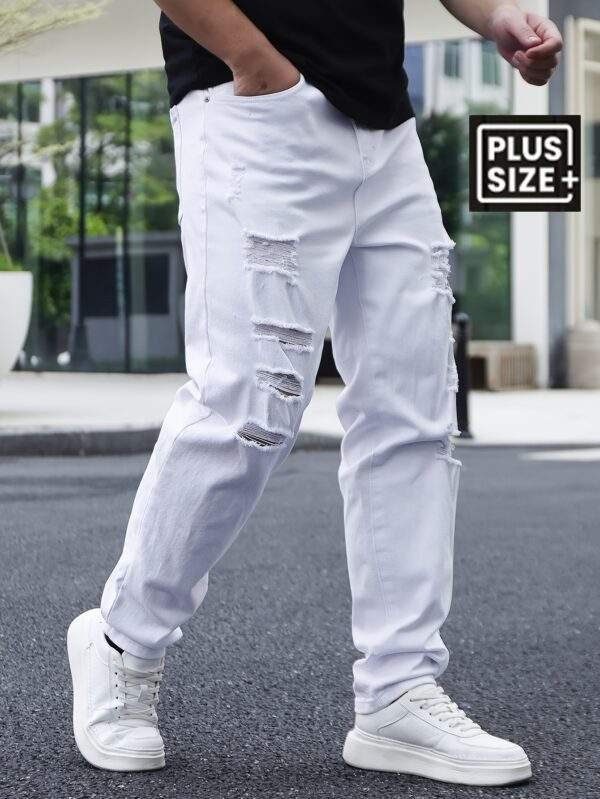 Men’s Basics Ripped Jeans – Cotton Blend, Medium Stretch, Solid Color, Regular Fit, All-Season, Plus Size - Image 3
