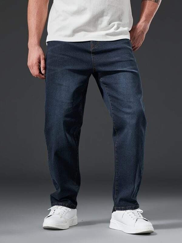 Plus Size Men’s Stretch Slim Straight-Leg Jeans – Water-Washed, Machine-Washable Denim, Solid Color, Casual & Formal, Autumn/Winter, Comfortable Fit - Image 3