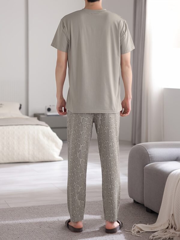 Men's Lightweight Cotton Pajama Set - Casual Solid Color Short Sleeve Tee & Pants, Breathable Summer Sleepwear with Pockets - Image 6