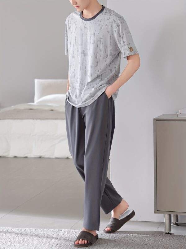 Men'S Sleepwear Set for Spring And Summer, Featuring a Pure Cotton Short-Sleeve Top And Long Pants, Designed As a Simple Plus-Size Homewear Set. - Image 5