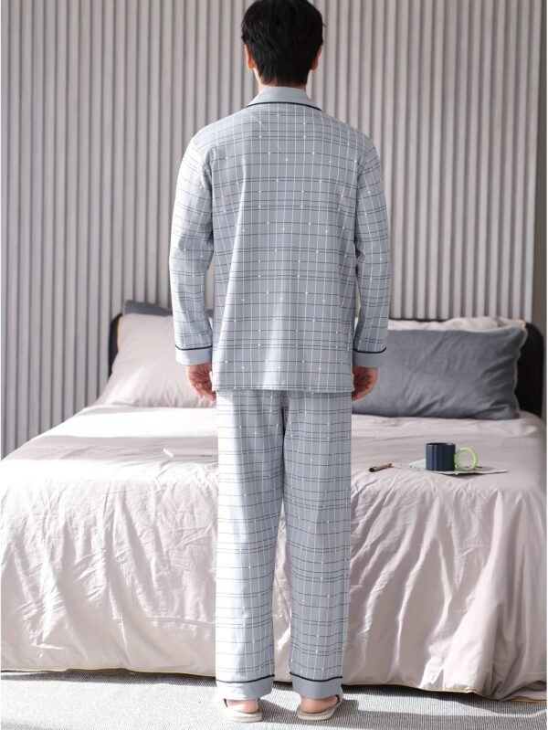 Men's 100% Cotton Pajama Set with Geometric Pattern, Casual Style, Long Sleeve, Knit Fabric, Comfortable Breathable, with Pockets, Spring/Summer/Autumn Collection - Image 3