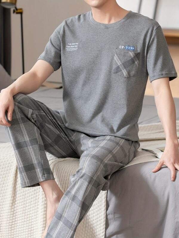 Men'S Summer Pajamas Made of Pure Cotton, Featuring Short Sleeves And Long Pants, Lightweight And Available in Plus Sizes for Young Adults. - Image 2