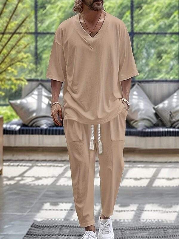 Summer Men'S Cotton Two-Piece V-Neck Short-Sleeved Top Trousers Set Casual Beach Suit - Image 3