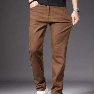 New Men’s High-End Coffee-Colored Casual Jeans – Slim Straight, Elastic, Body-Shaping, Versatile Korean Style for Indoor & Outdoor Summer Wear