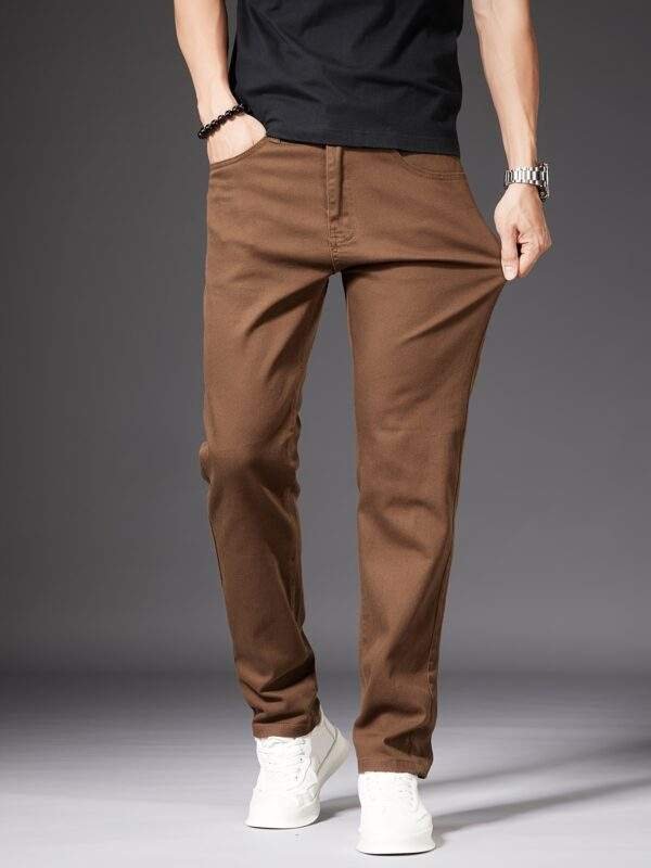 New Men’s High-End Coffee-Colored Casual Jeans – Slim Straight, Elastic, Body-Shaping, Versatile Korean Style for Indoor & Outdoor Summer Wear