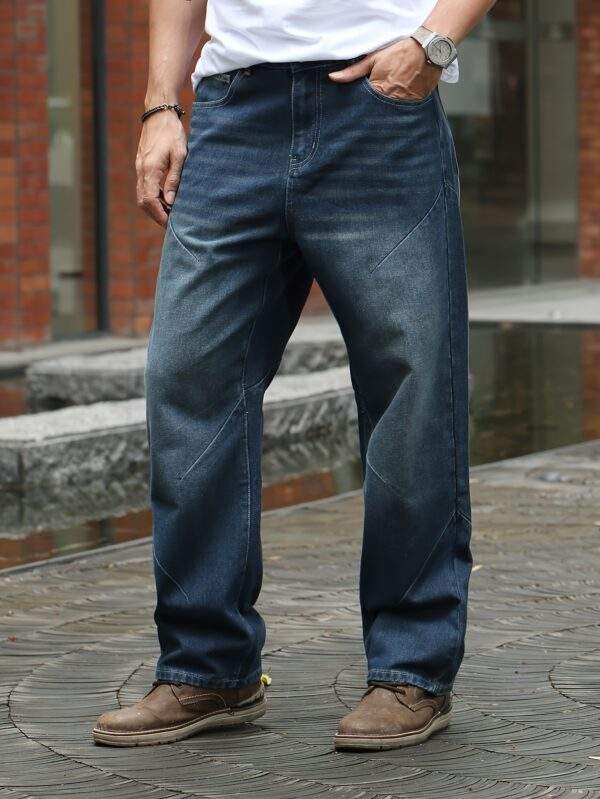 Men’s Plus Size Loose Fit Straight Leg Jeans – Washed Deep Blue Denim, Casual Non-Stretch Fabric, Spring/Fall Relaxed Fit Pants - Image 4
